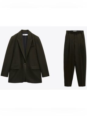 Zara Men's 2-Piece Suit Size XXL Dark Olive Green Pants NWT Blazer Jacket